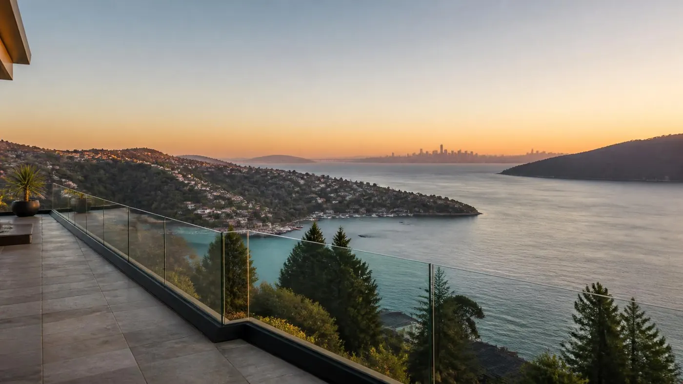 San Francisco Bay at golden hour from a hillside terrace