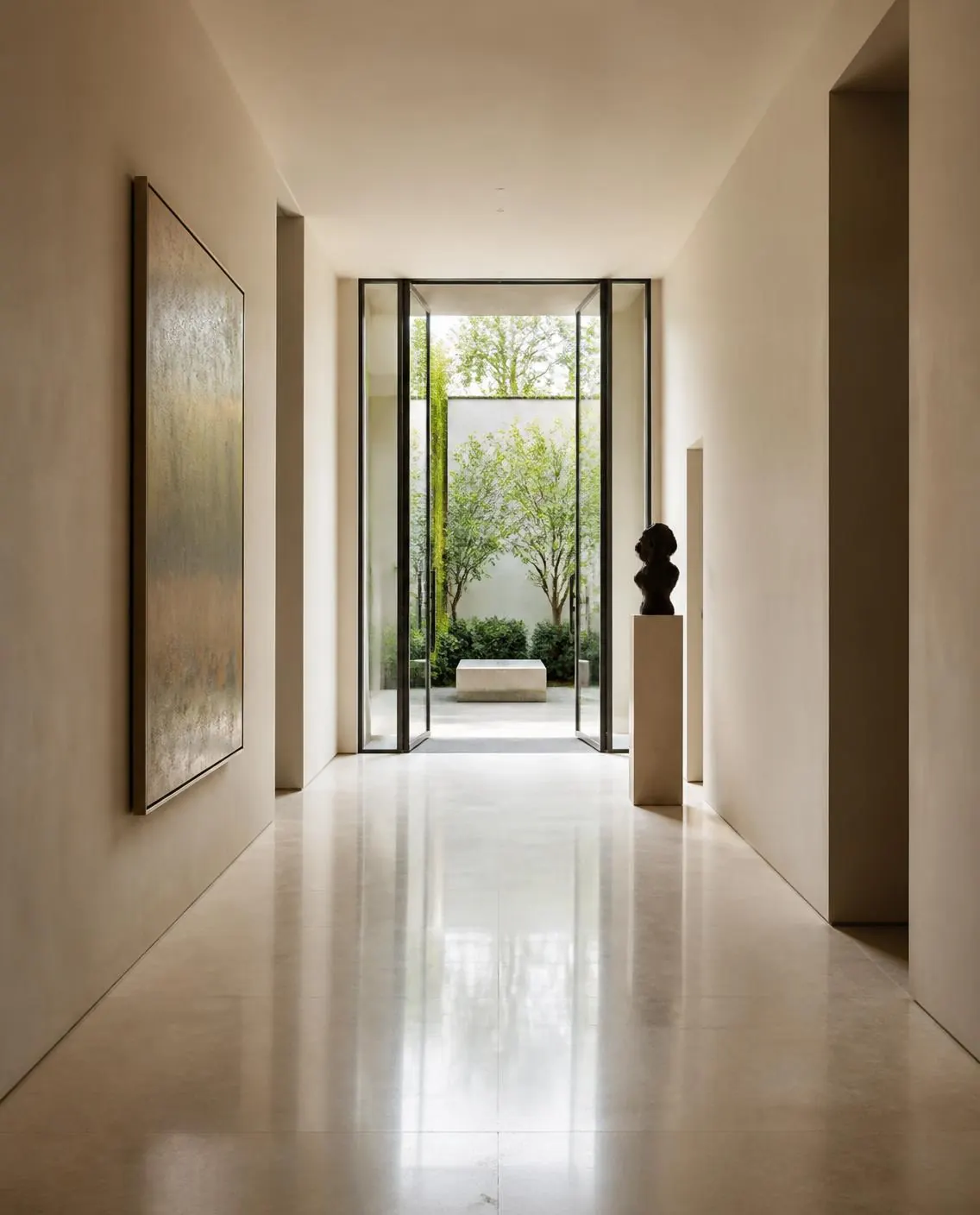 Morning light across a limestone hallway, open doors to a garden