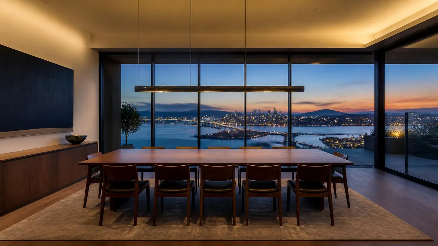Dining room at dusk, evening light over the Bay